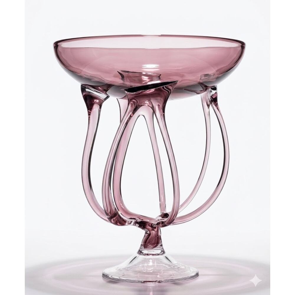 Vintage Jozefina Krosno Jellyfish Art Glass Compote | Hand-Blown Pink & Clear